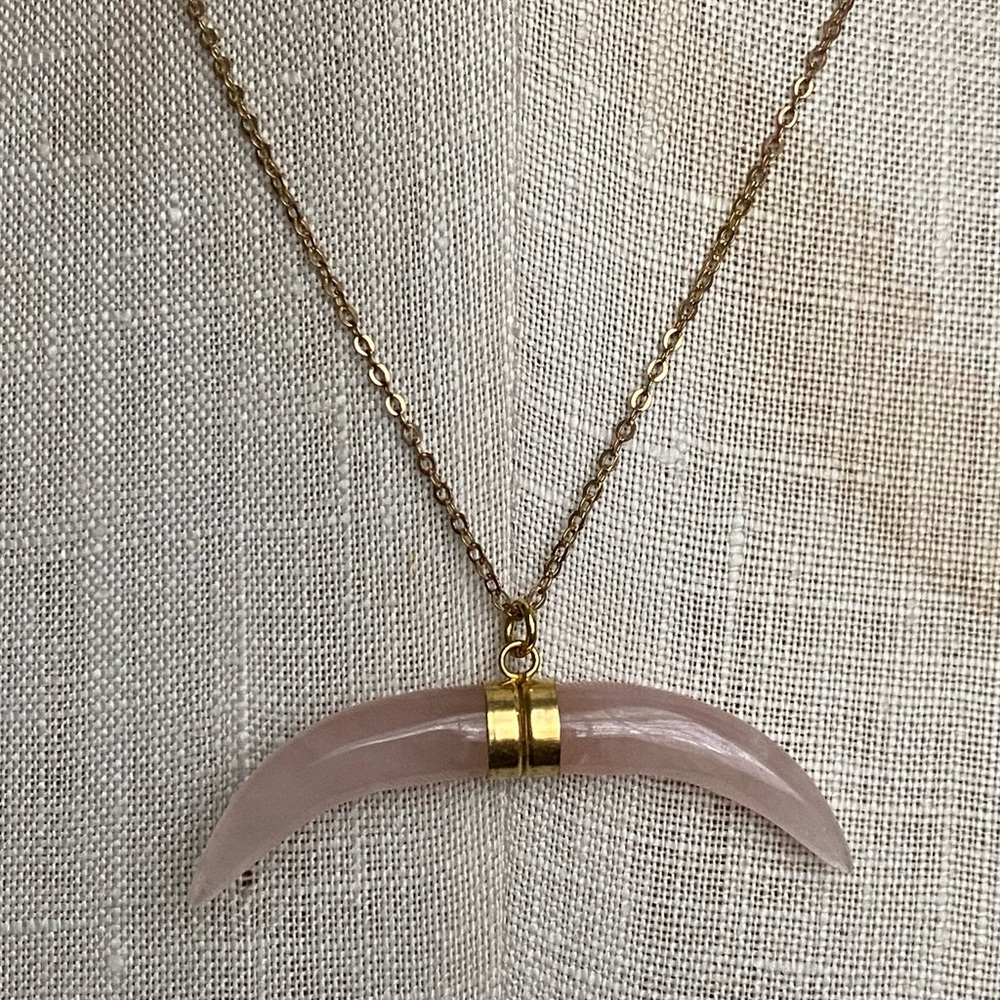 Rose Quartz Double Horn Cresent Pendant Necklace
